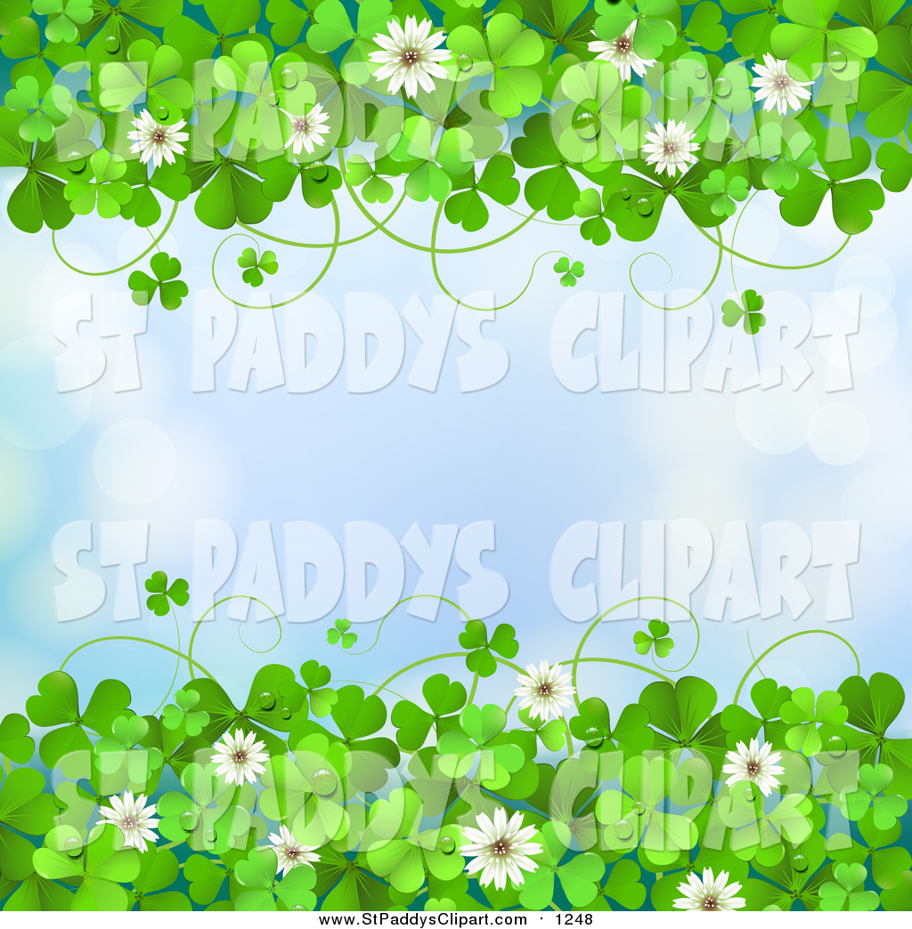 Green St Paddys Day Background With Shamrock Clovers And Flowers Over