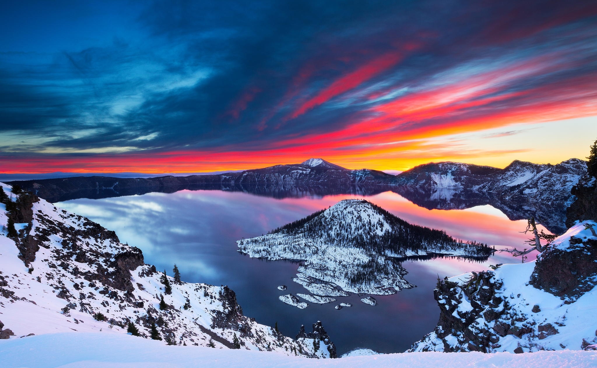 Crater Lake Sunrise Winter Snow Landscape Wallpaper Photos