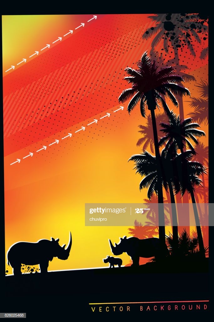 African Safari Background With Rhino Family High Res Vector