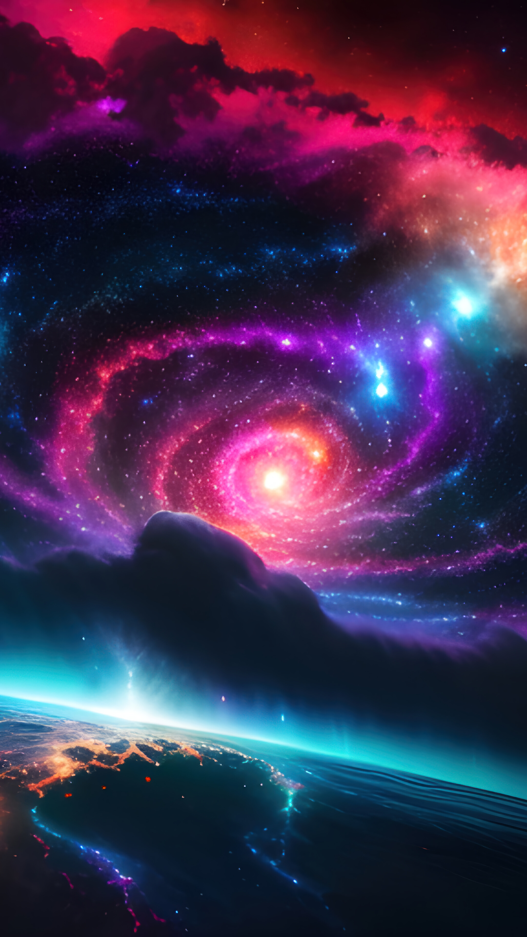 A breathtaking view of Earth from space, with a vibrant, swirling galaxy dominating the backdrop. The planet's curve is visible against the cosmic spectacle, creating a stunning contrast