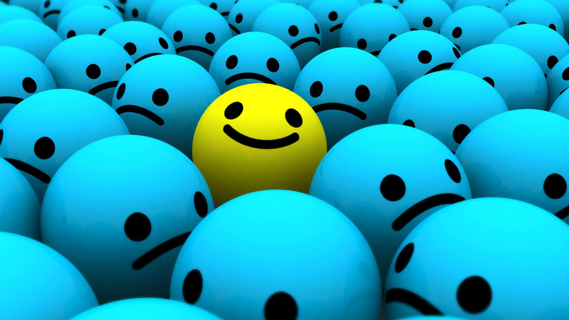 A single yellow happy face stands out amongst a crowd of light blue sad faces, symbolizing individuality, positivity, and hope
