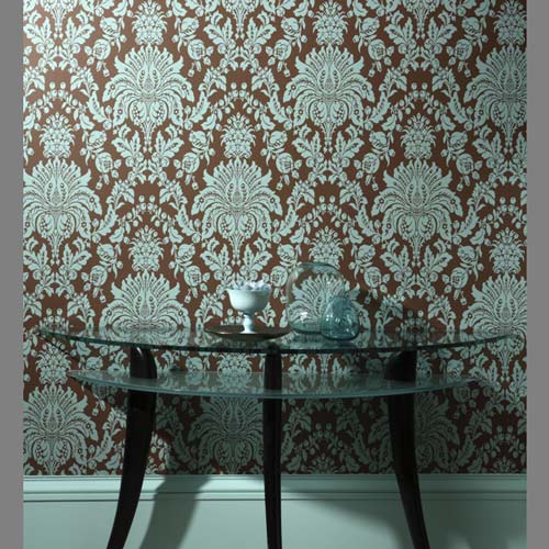  Turquoise and Chocolate Faux Flocked retro modern damask wallpaper