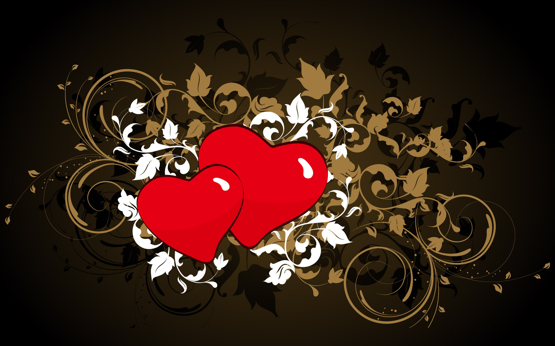 Two red hearts intertwined amidst elegant floral swirls on a dark background, symbolizing love and romance