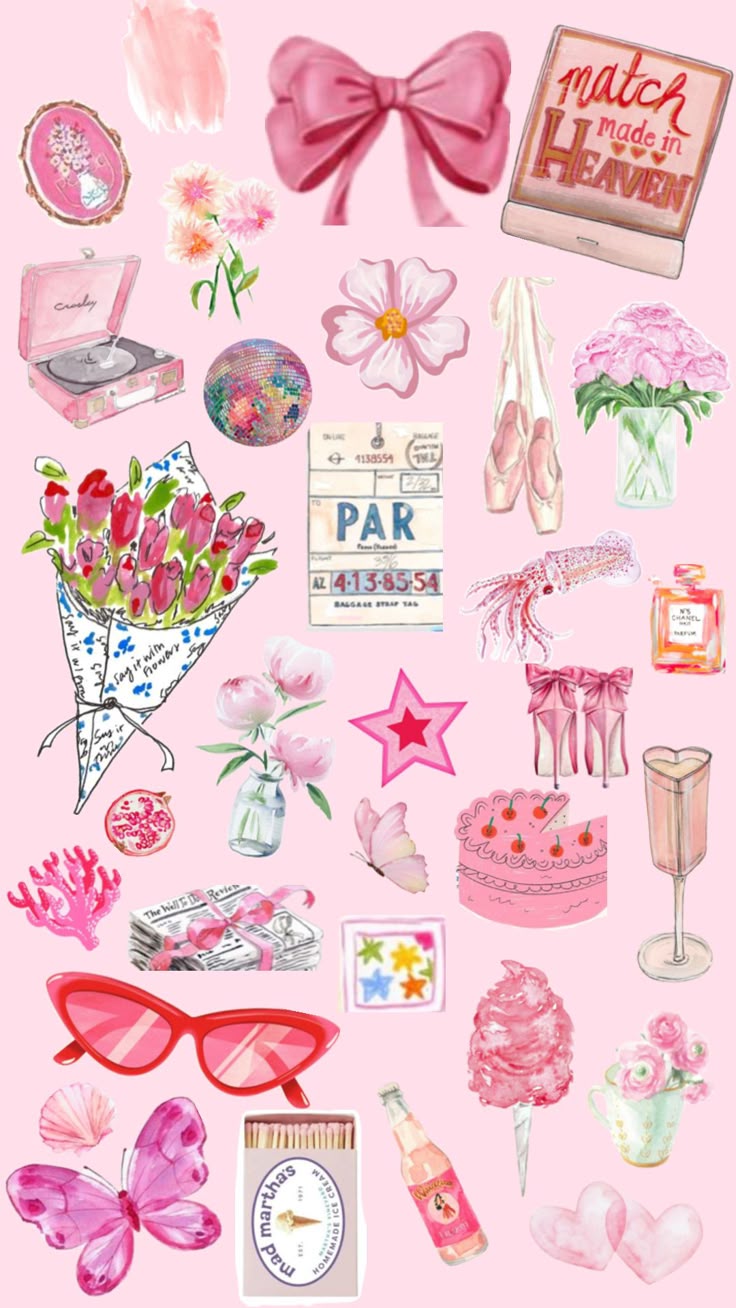 Girly Girl Pink Water Color Doodles Preppy Wallpaper Collage Aesthetic