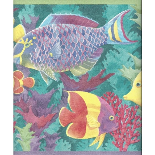 OCEANS OF FISH IN TEAL BLUE WATER WITH CORAL WALLPAPER BORDER PC197B 650x650