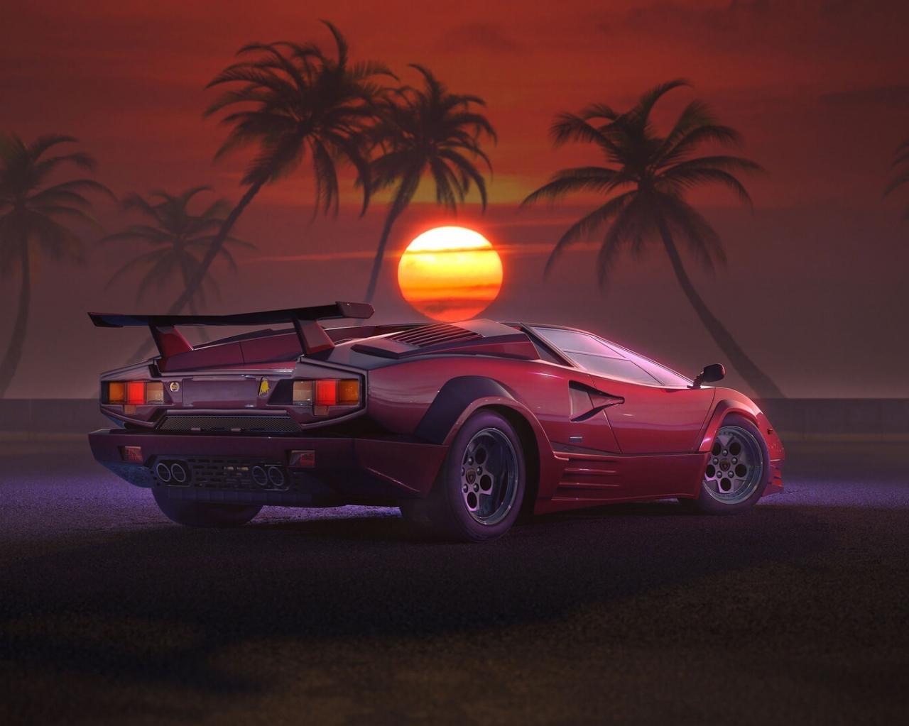 Wallpaper Retrowave Outdrive Car Sunset