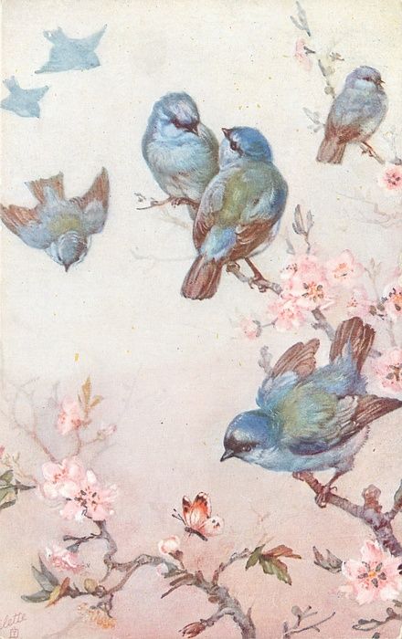 Art From Vintage Card Seven Blue Birds Four On Blossom Tree Three