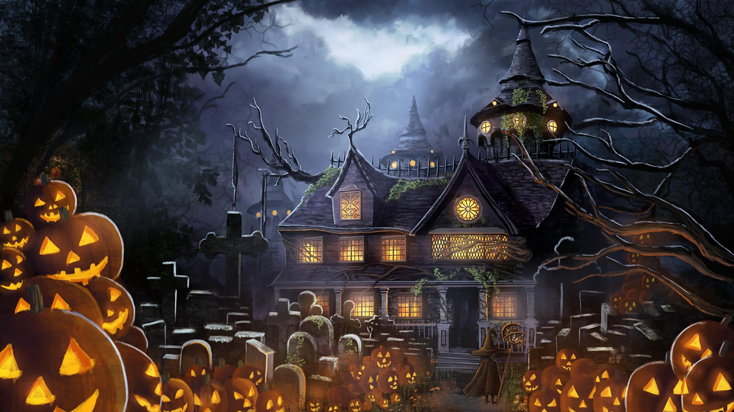 Wallpaper Graveyard Anime Pumpkin Fantasy Halloween Houses