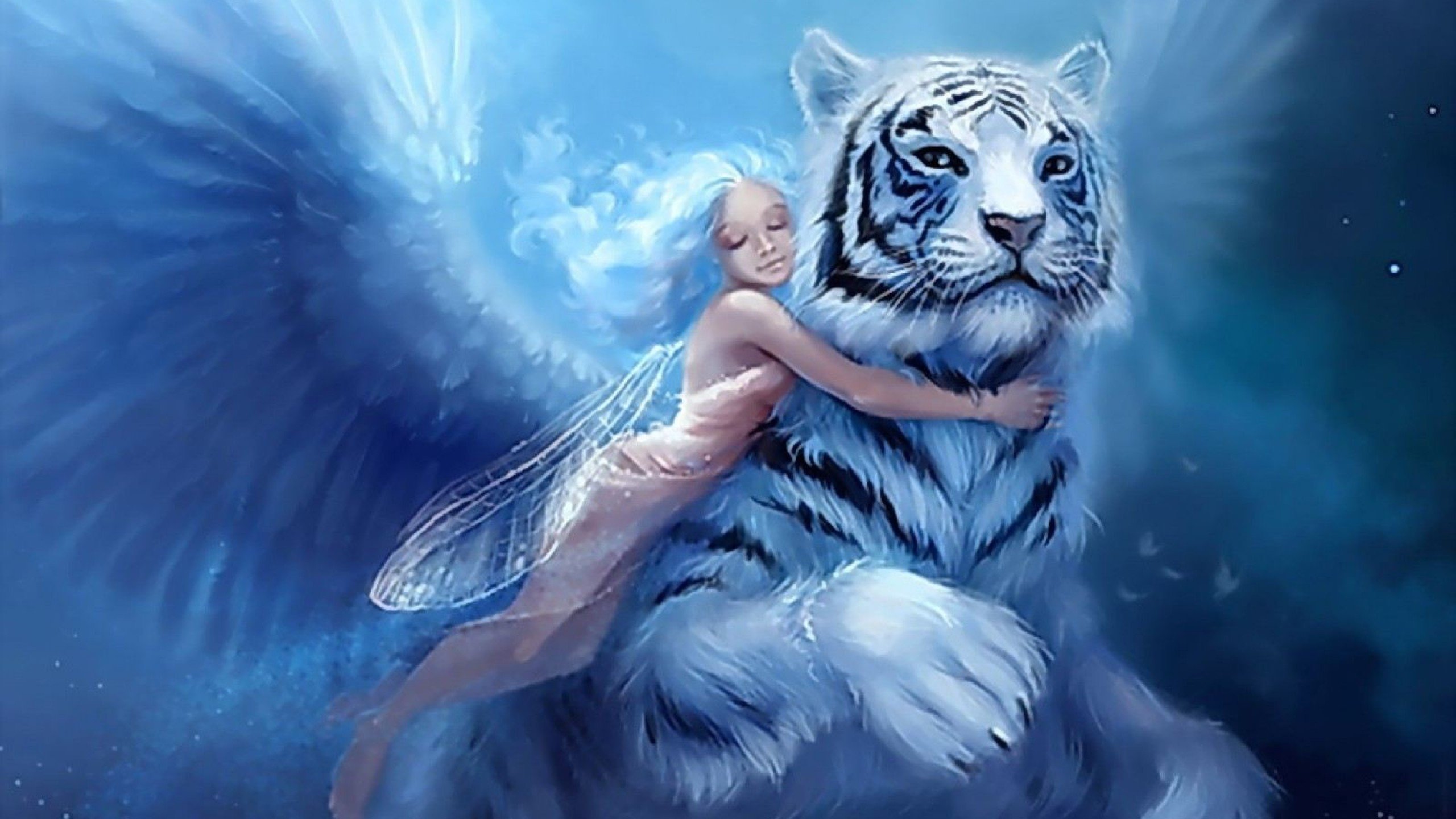 Fantasy White Tiger And Fairy HD Wallpaper Fantasy White Tiger And 2560x1440
