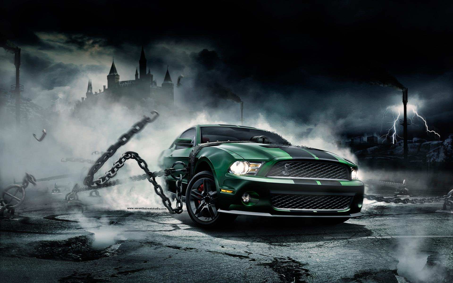 A powerful green Ford Mustang sports car against a dark, stormy backdrop with chains and a castle in the distance