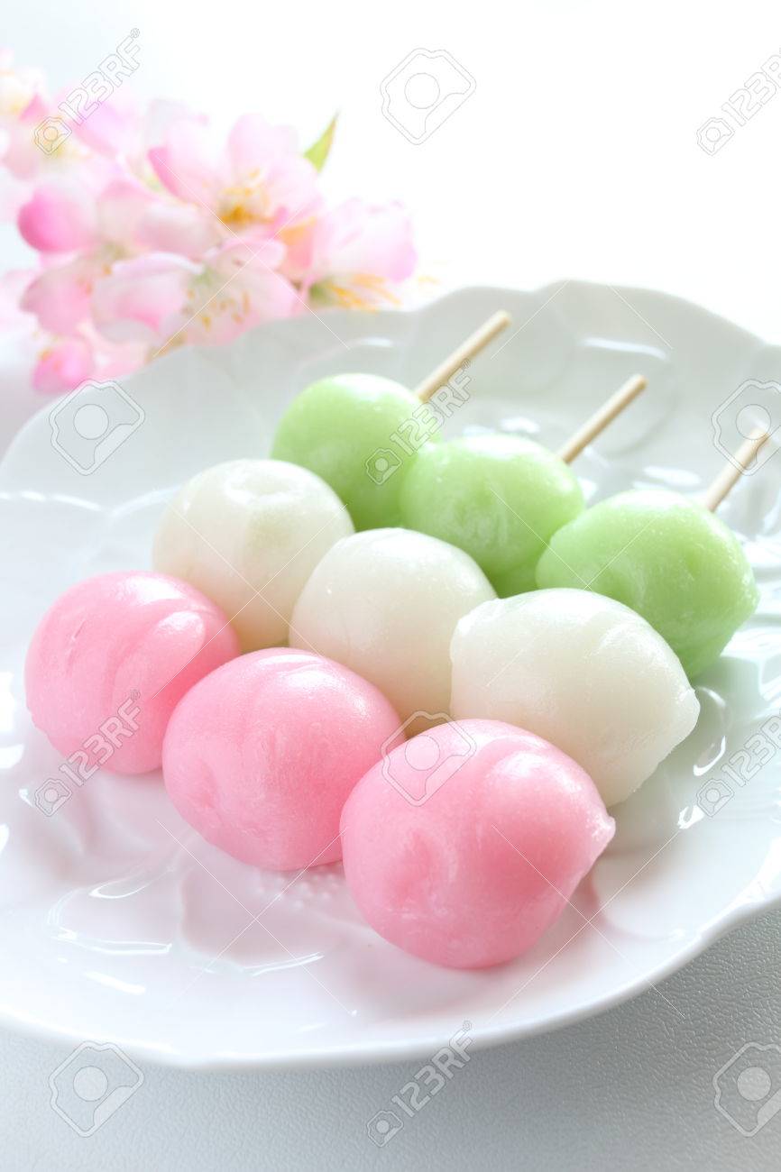 Japanese Confection Three Colors Mochi Dango With Flower On