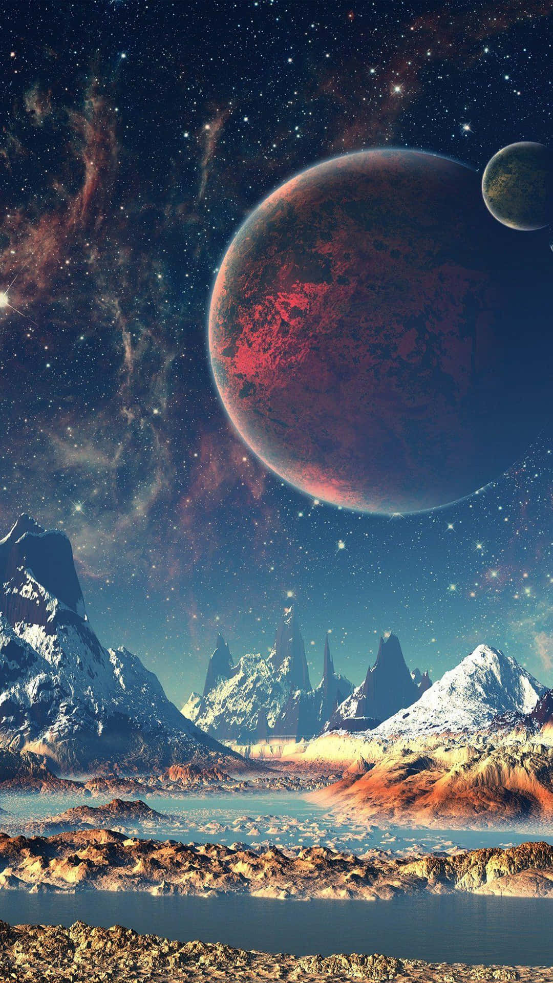 A Planet In Space With Mountains And Lake Wallpaper