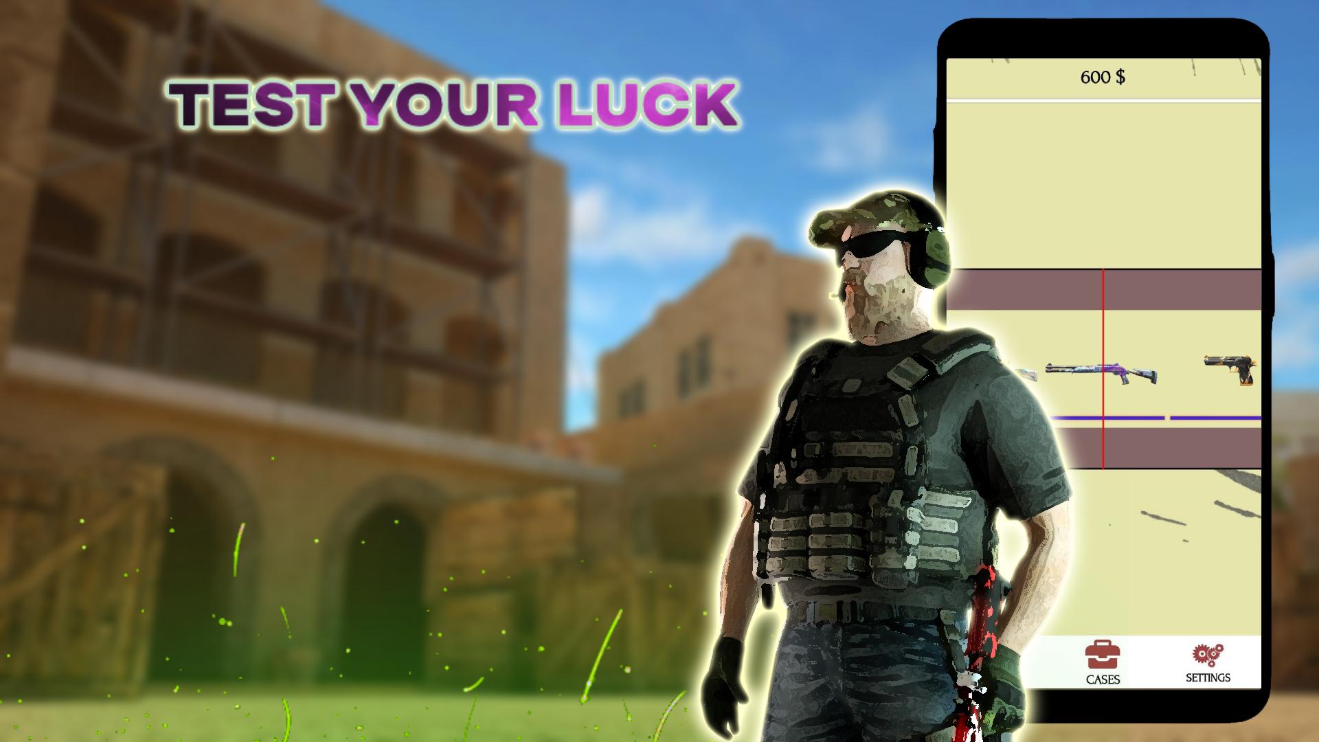 A player stands ready in a Standoff 2 environment, with the game's interface visible on a phone screen showcasing weapon skins and in-game currency