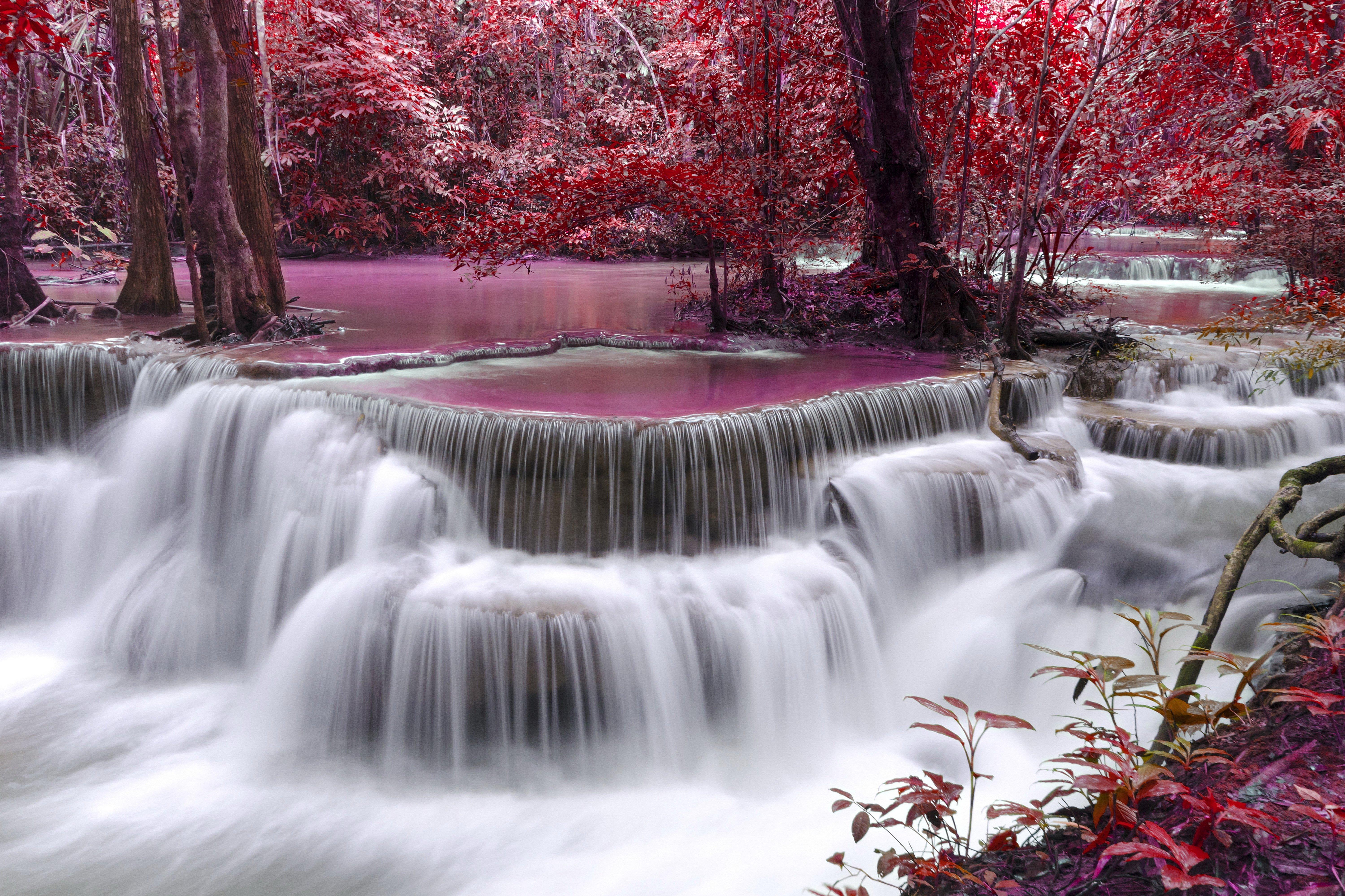Waterfall River Flow Autumn Purple Wallpaper
