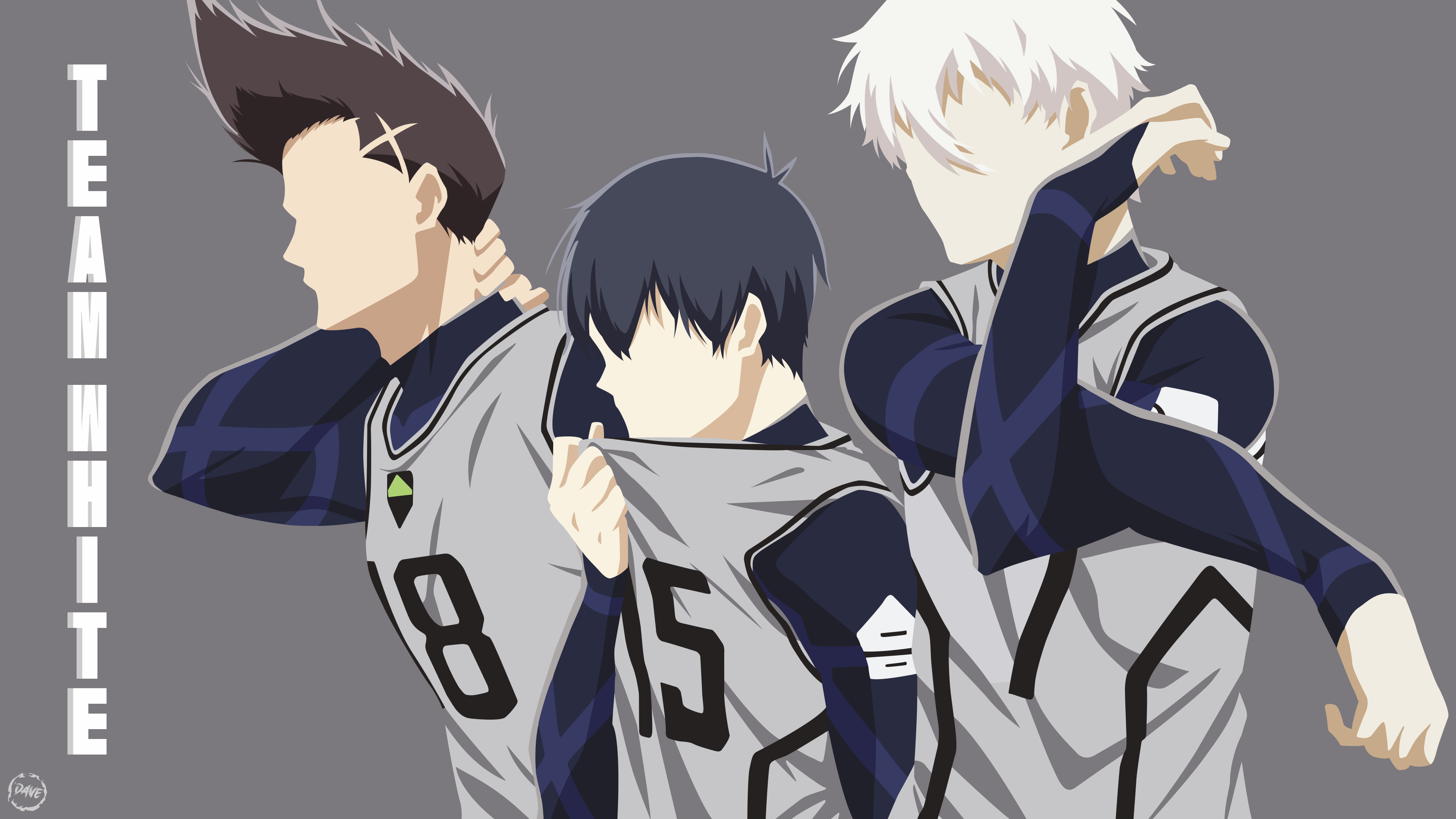 Stylized minimalist wallpaper featuring Isagi Yoichi and his teammates from Team White in Blue Lock