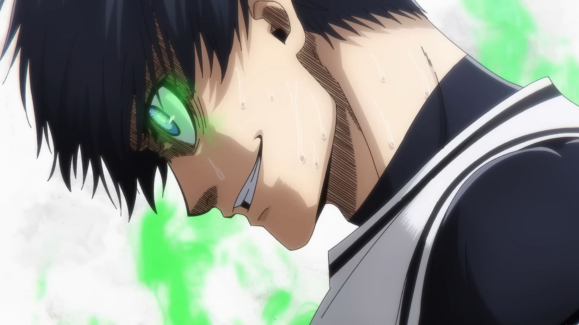 Close-up of Isagi Yoichi with intense green eyes and a determined expression, from the anime 'Blue Lock'