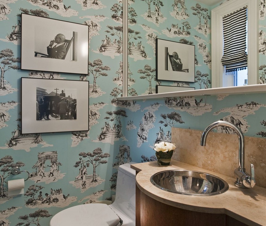 Powder room with wallpaper from Sheila Bridges Harlem Toile Image 905x768