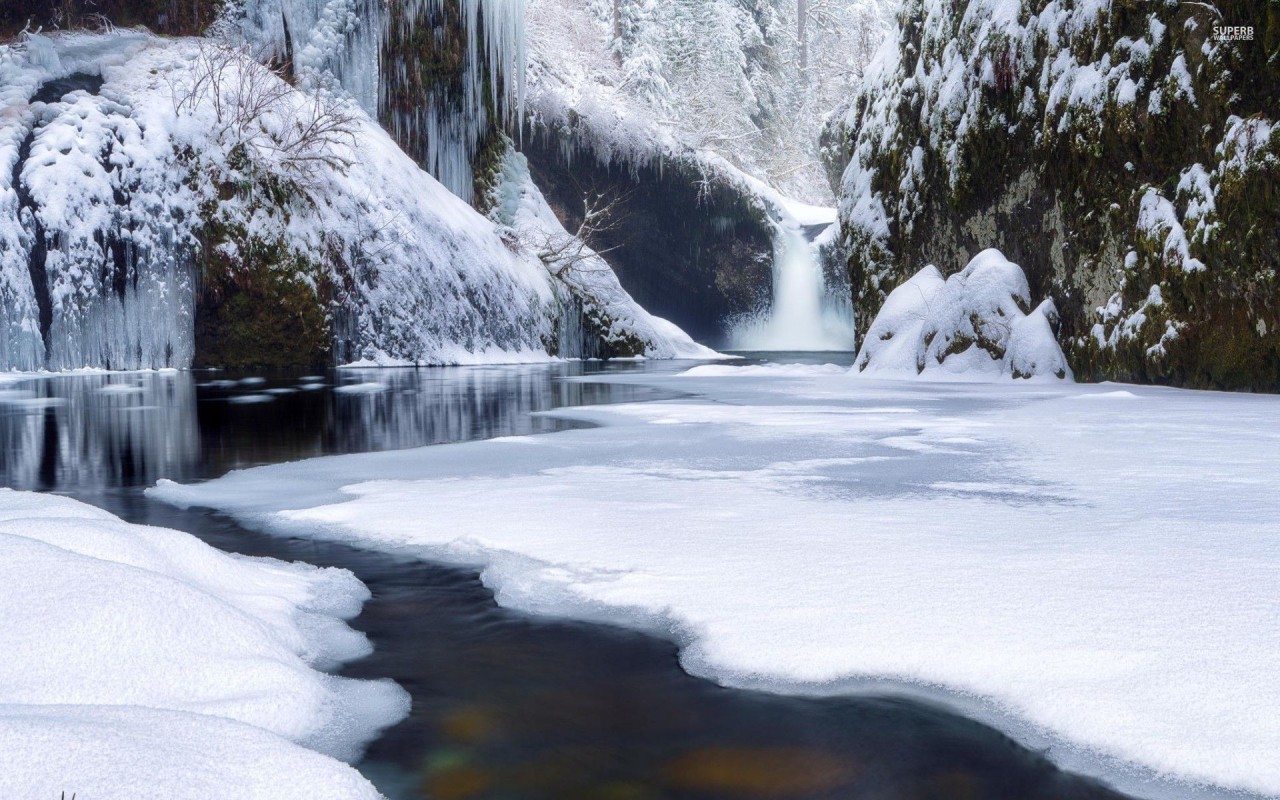 Waterfall River Snowy Forest Wallpaper