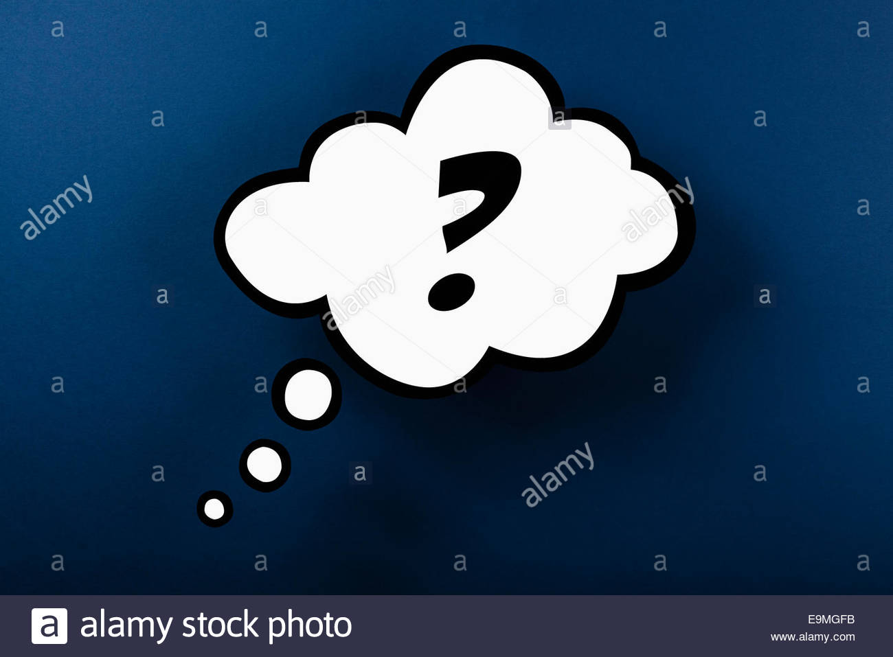 Question Mark Thought Bubble Against Blue Background Stock Photo