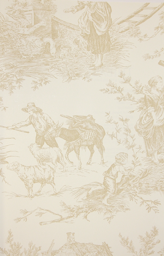 Toile De Jouy Wallpaper In Beige On Off White Has Matching Fabric