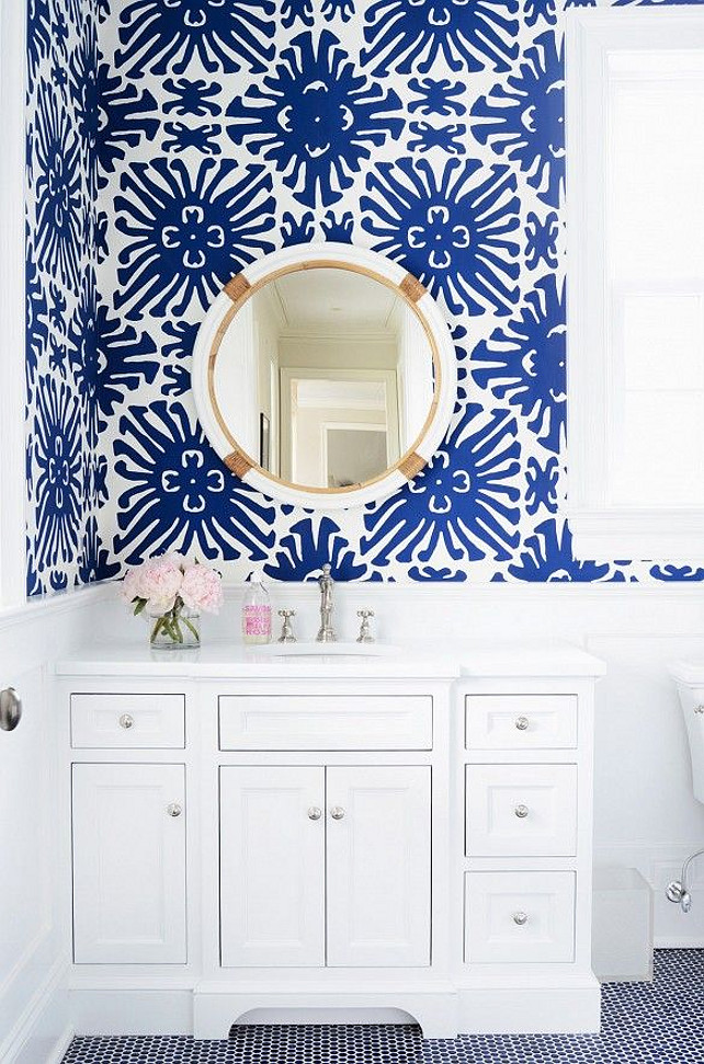 Blue And White Wallpaper With Round Mirror From Serena Lily