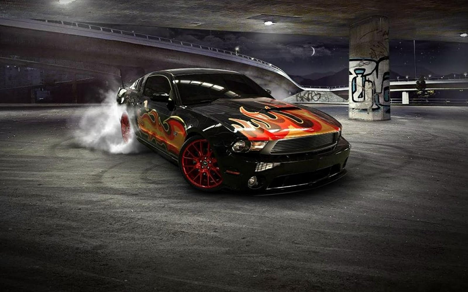 Black Mustang Fire Vinils Burnout Full HD Wallpaper