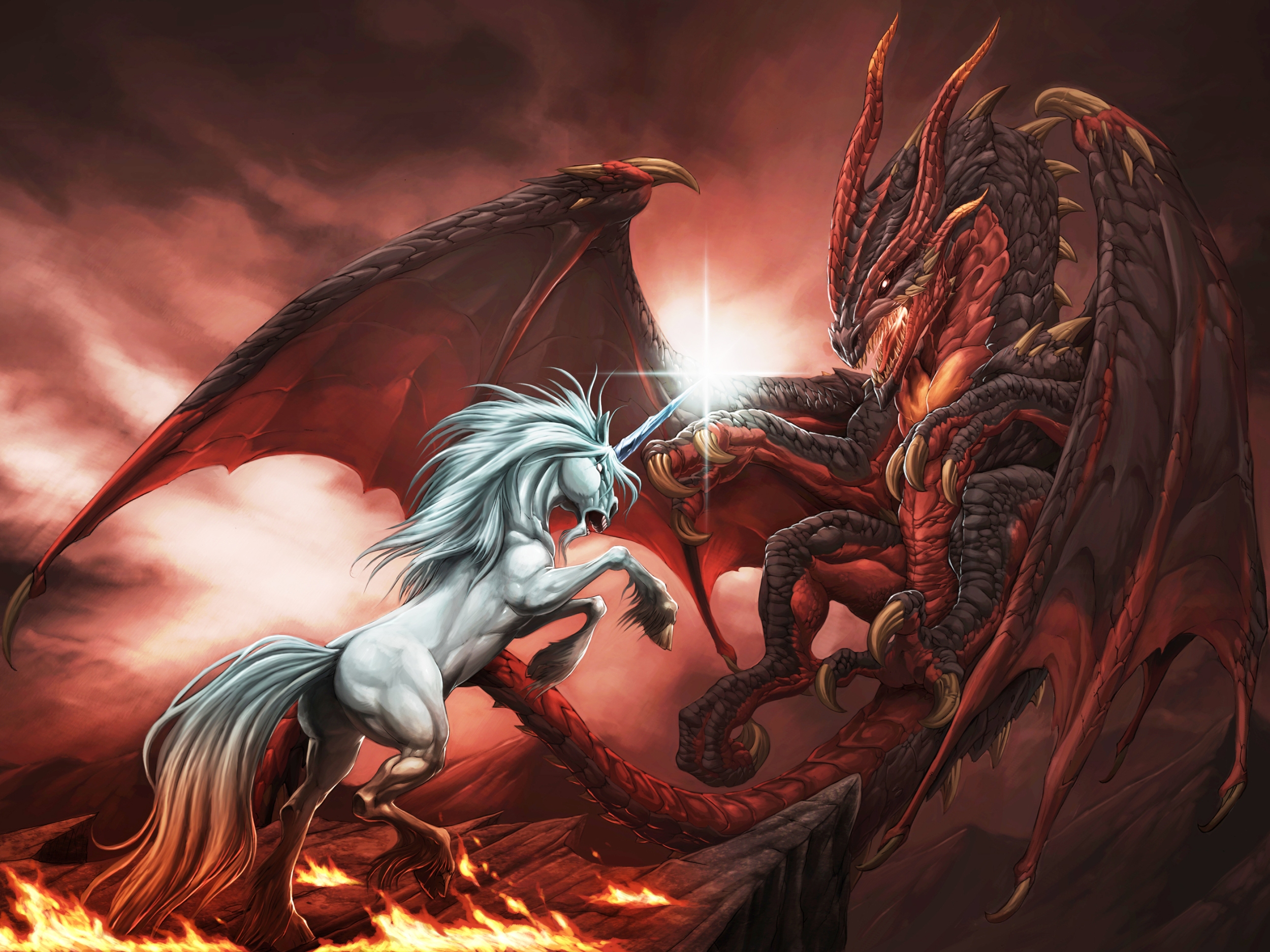 hd wallpaper dragon vs licorne