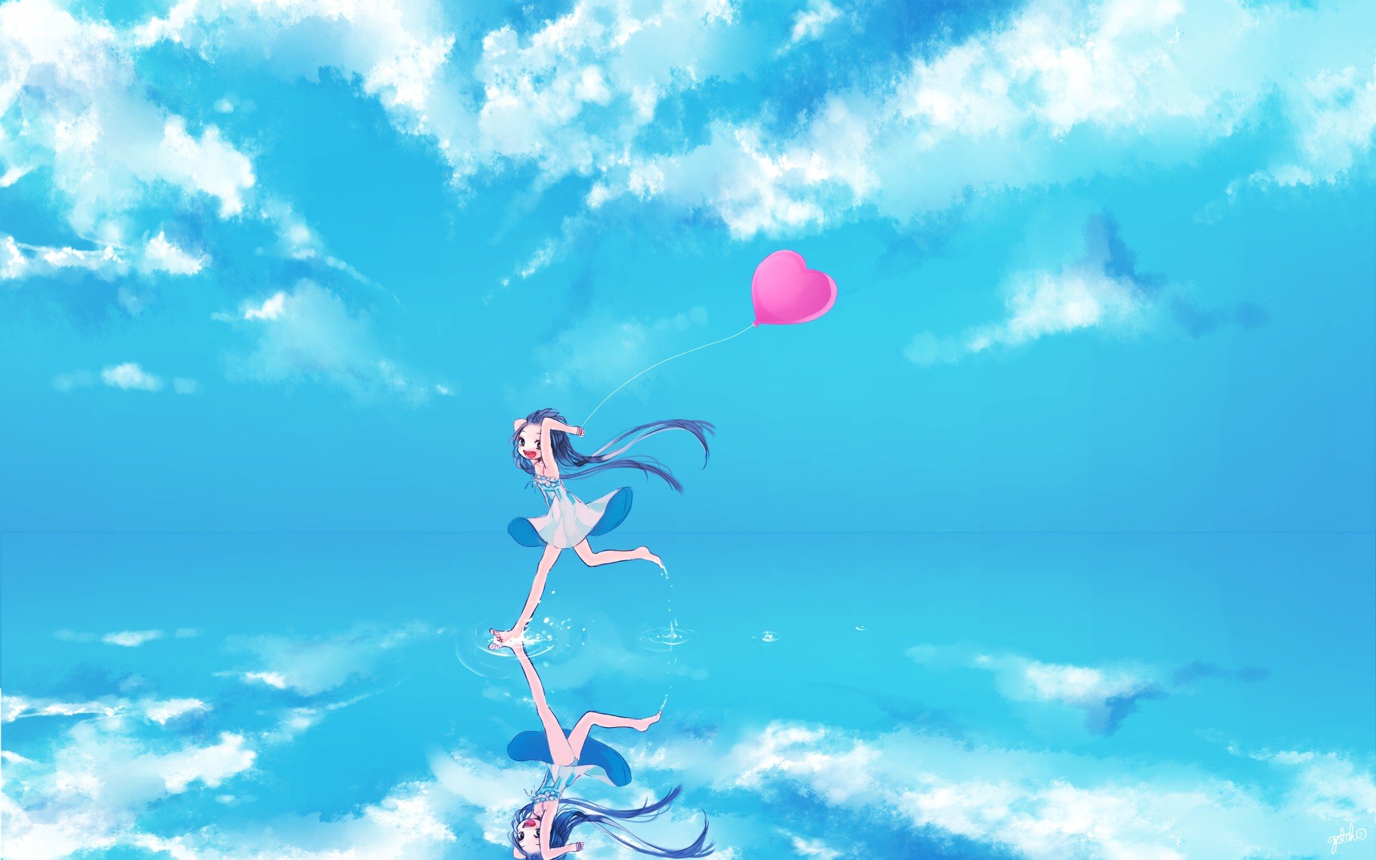 Anime sky clouds girl dress long hair smile wallpaper 2000x1250