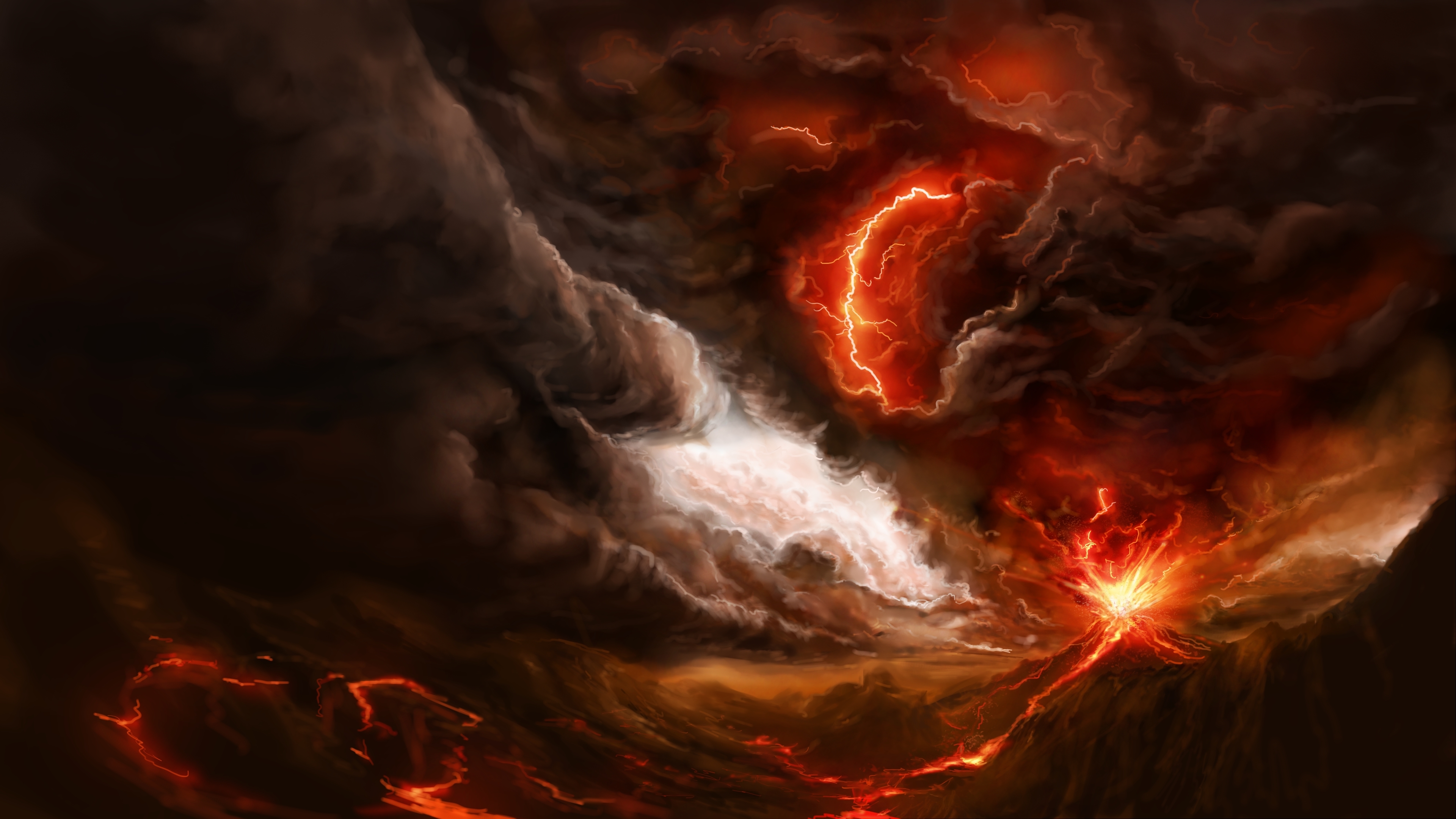 Art Volcano Mountain Lava Fire Smoke Volcanic Lightning Storm