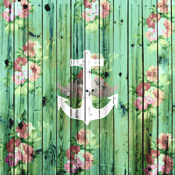 Vintage Floral Nautical Anchor Green Beach Wood Art Print By Girly
