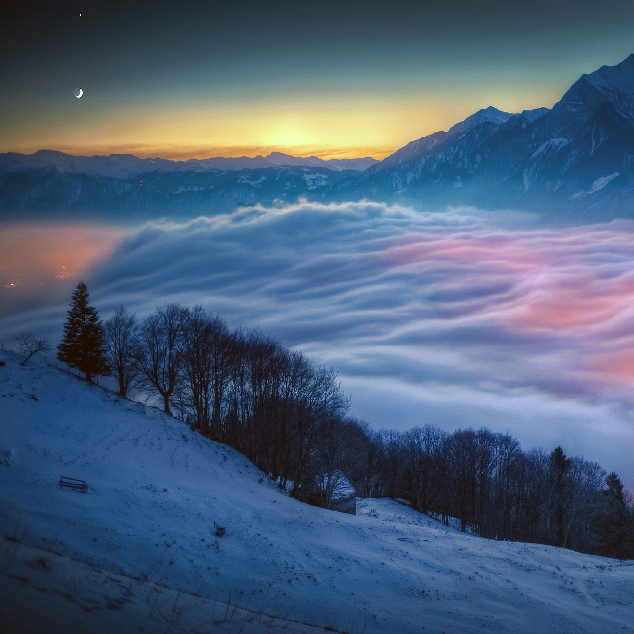 Snowy Mountain Landscape Night Wallpaper Sc iPad