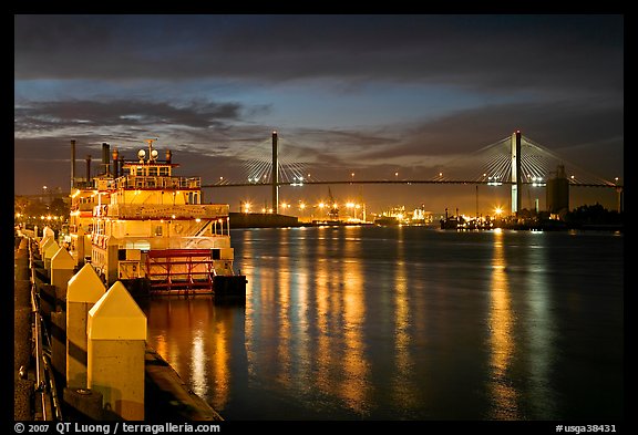 Photo Riverboat And Savannah Bridge At Dusk Geia Usa