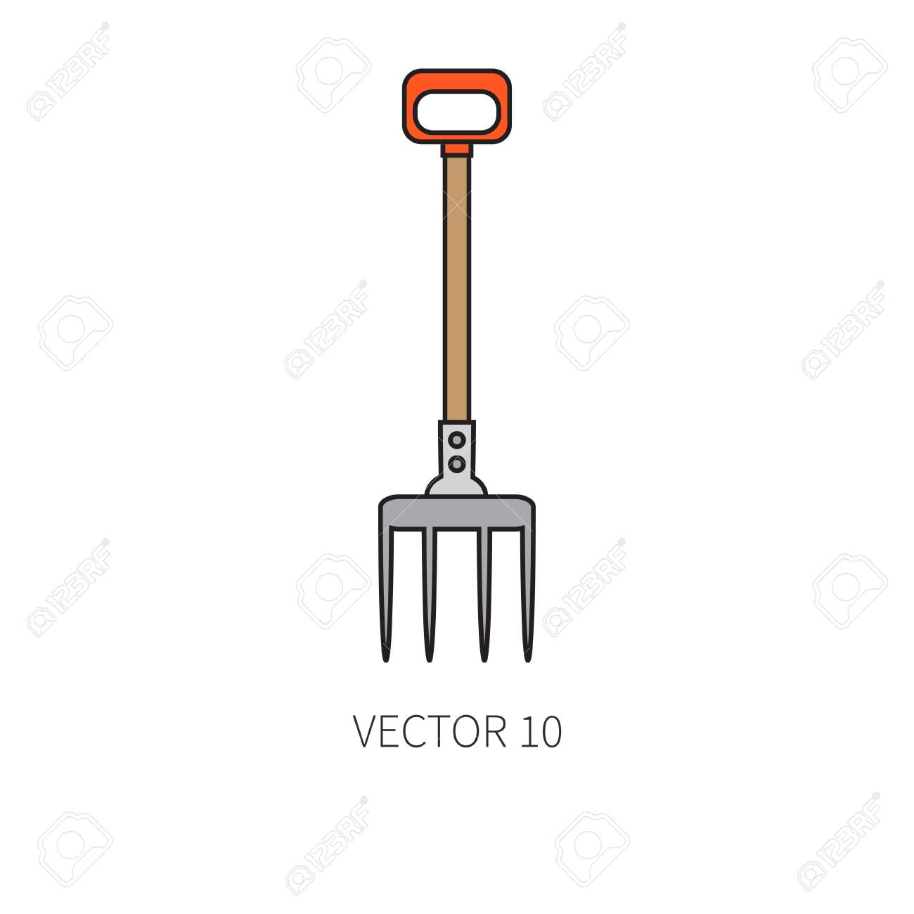 Line Flat Color Vector Icon Garden Tool Pitchfork Cartoon