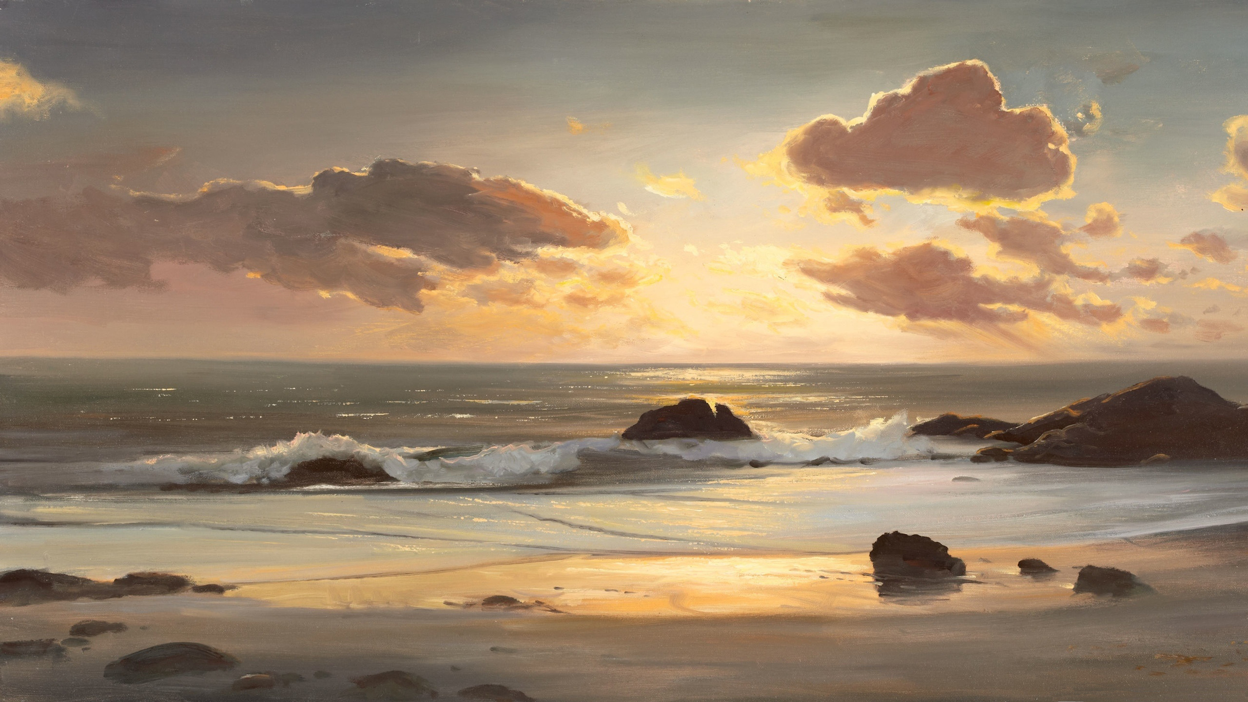 Painting Landscape Sea Beach Wave Stone Sunset HD Wallpaper