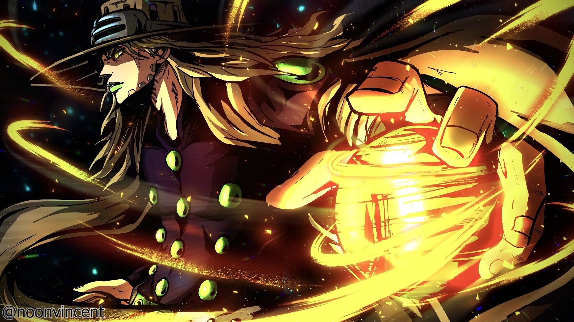 Gyro Zeppeli, a character from JoJo's Bizarre Adventure, shown wielding the Spin with a determined expression in a dynamic, gold-toned action shot