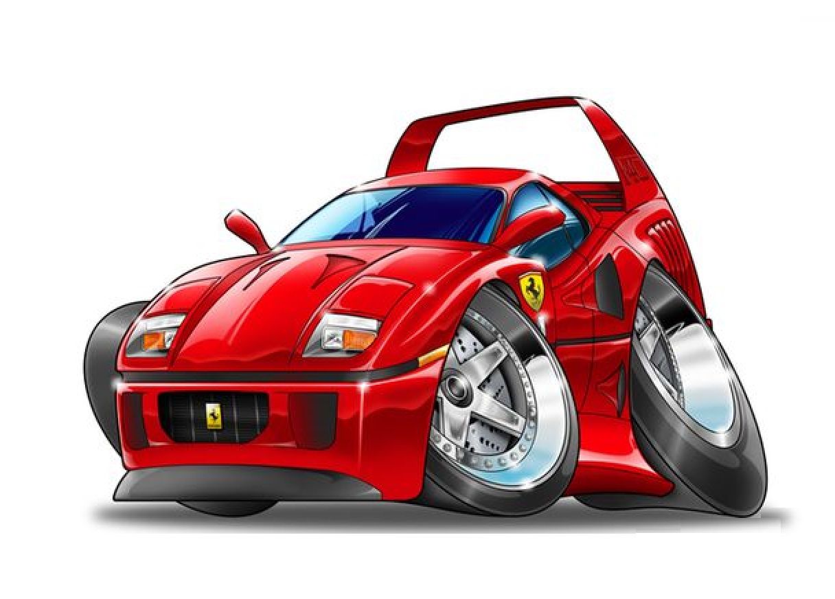 A cartoon illustration of a red Ferrari F40 sports car with oversized wheels, headlights, and taillights