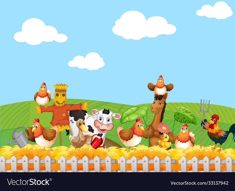 Farm scene with animal cartoon style Royalty Free Vector