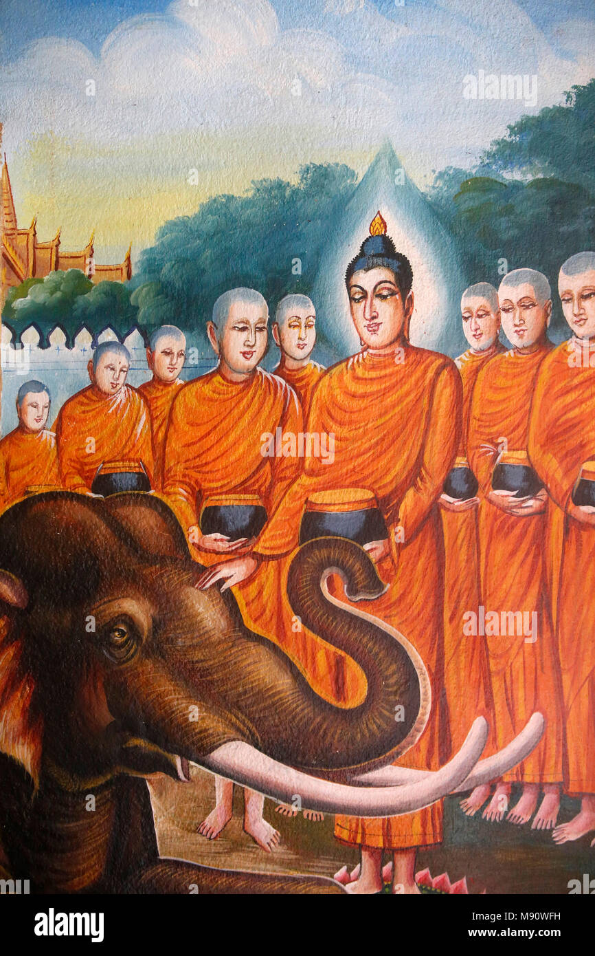 Fresco depicting the Buddhas sangha with an elephant in Wat