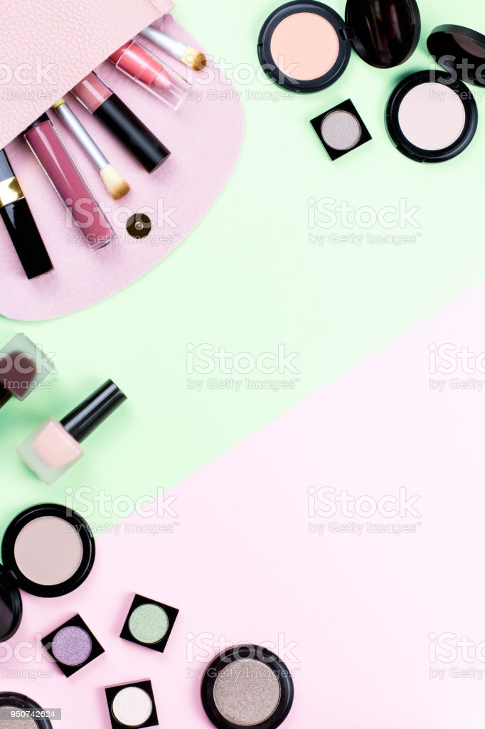 Pink Purse And Cosmetics On Pastel Background Beauty Blogger