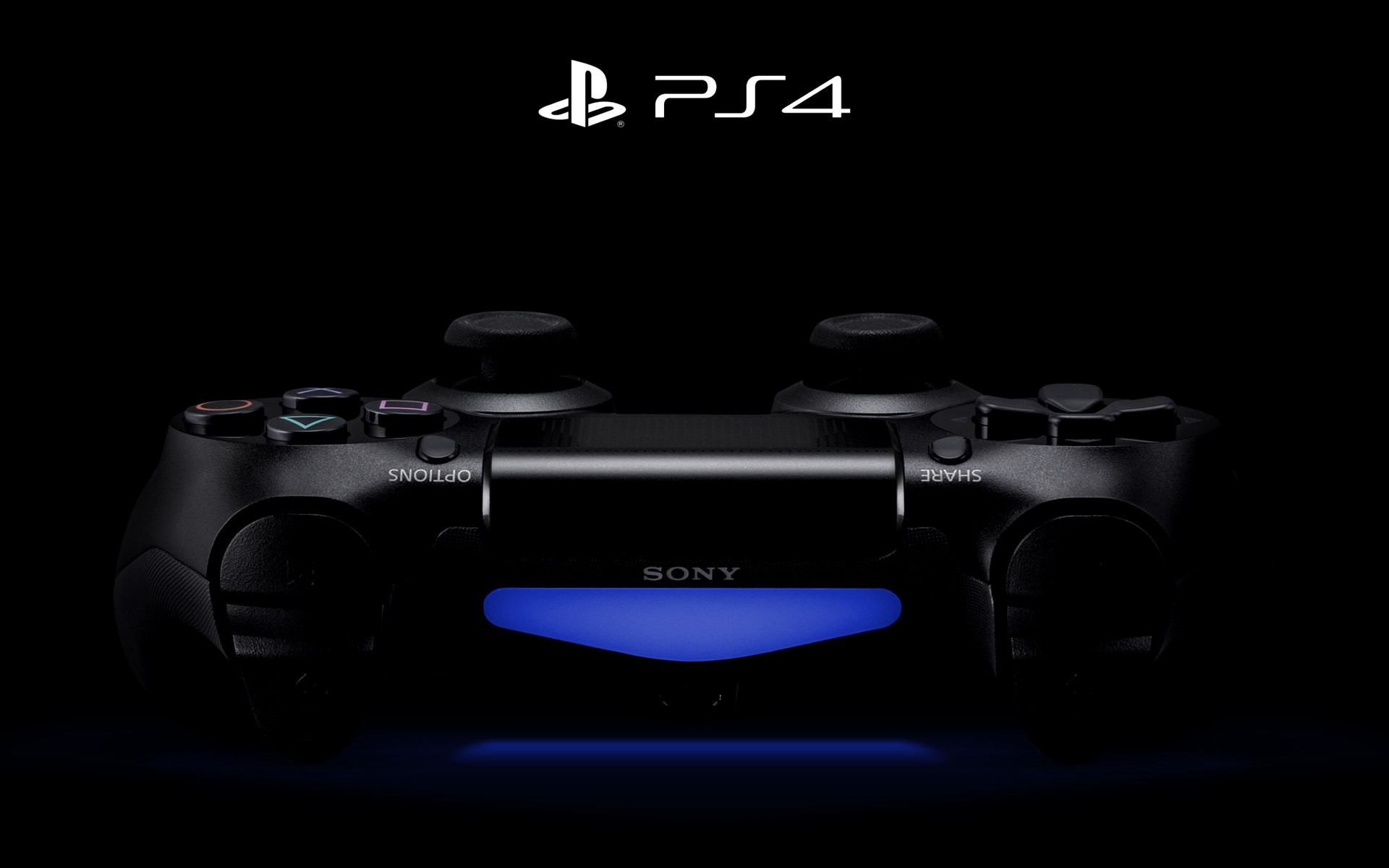 A sleek black PlayStation 4 controller glowing with a blue light against a dark background, with the PS4 logo above