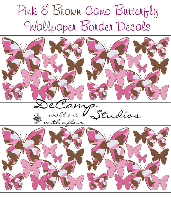 PINK BROWN CAMO butterfly wallpaper wall border decals baby girl 570x659