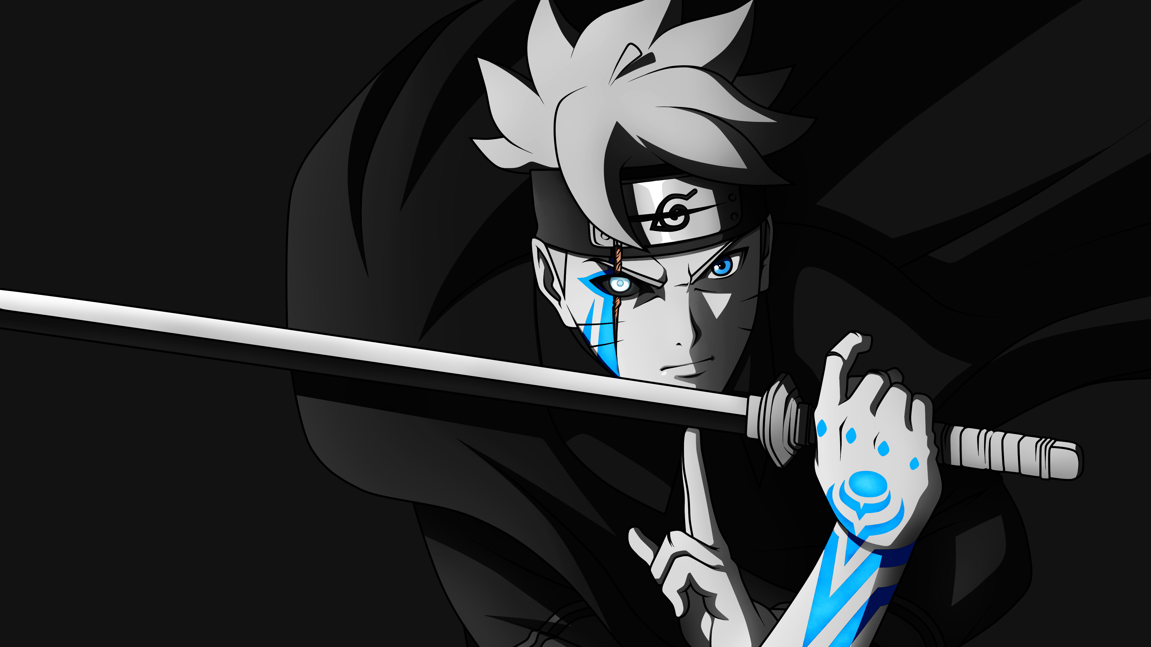 A grayscale depiction of Boruto Uzumaki, a popular anime character, wielding a sword with glowing blue markings on his face and hand. The backdrop is dark, enhancing his intense gaze