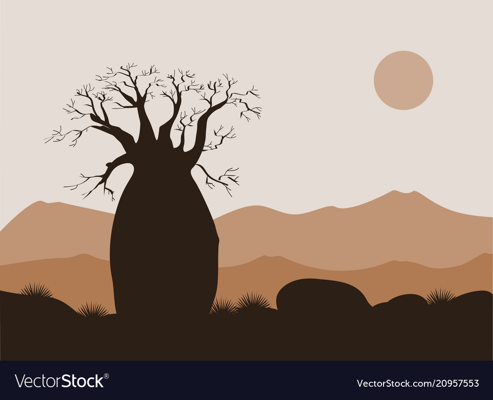 Baobab Tree Landscape With Mountains Background Vector Image