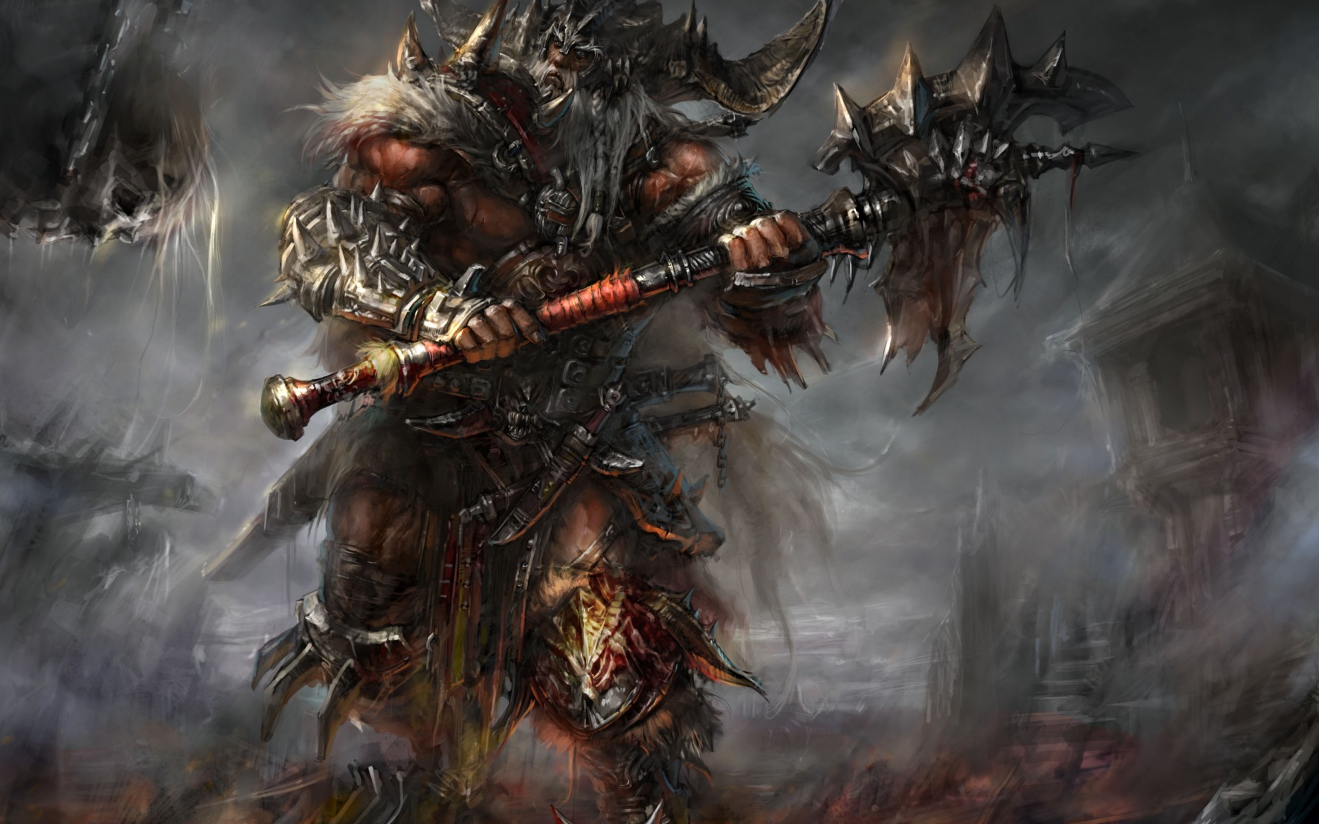 Diablo Barbarian Armor Blood Horns Spikes Ax Undead Warriors Wallpaper