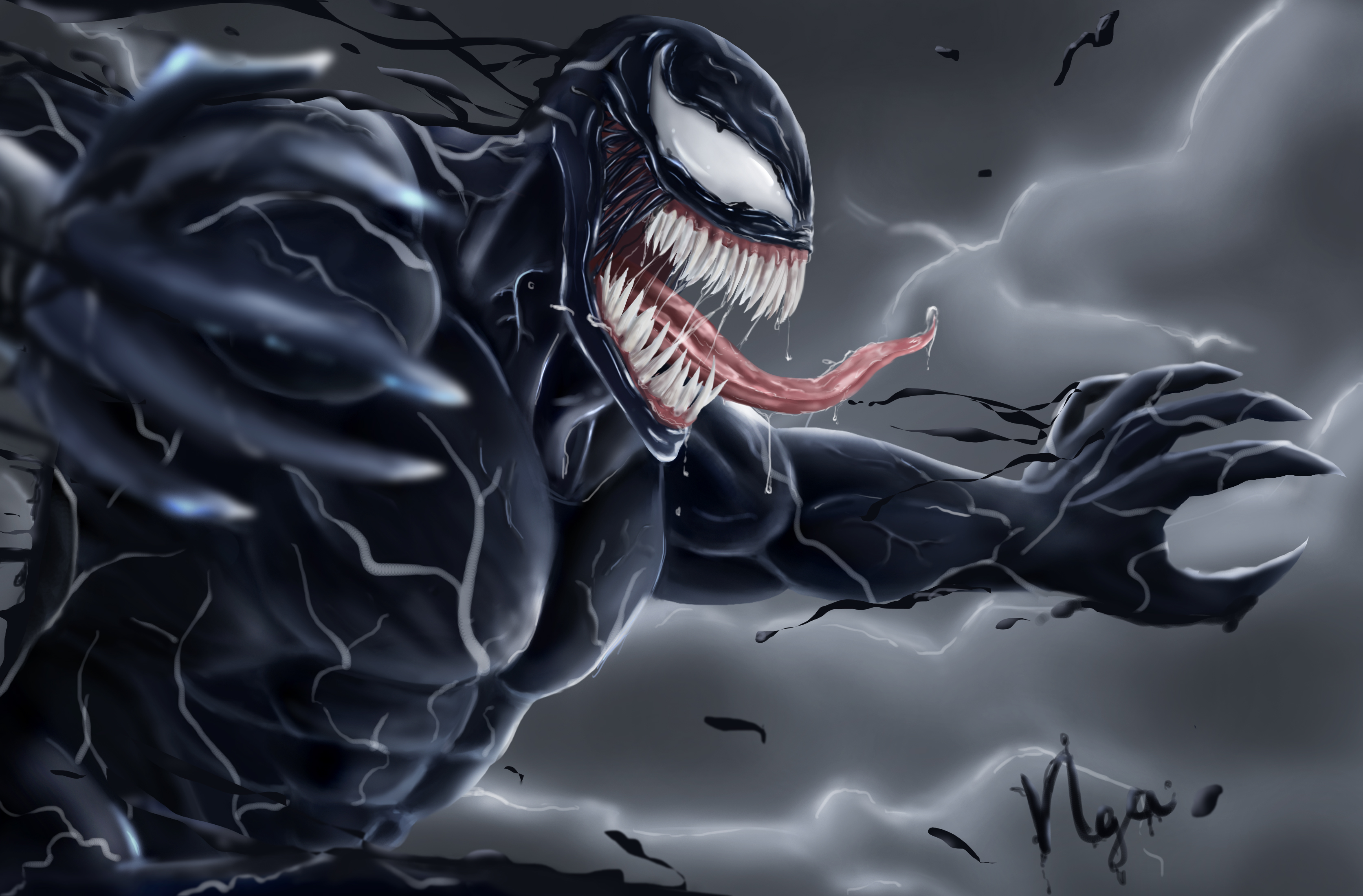 A menacing close-up of Venom, the Marvel Comics anti-hero, with his sharp teeth, long tongue, and powerful claws on display against a stormy backdrop