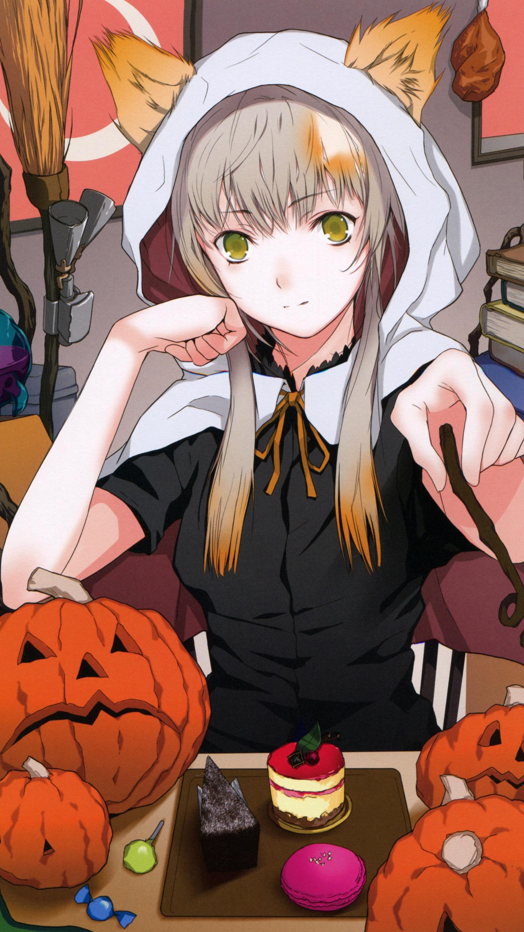 Download wallpaper 938x1668 girl, witch, hat, pumpkin, halloween, anime  iphone 8/7/6s/6 for parallax hd background