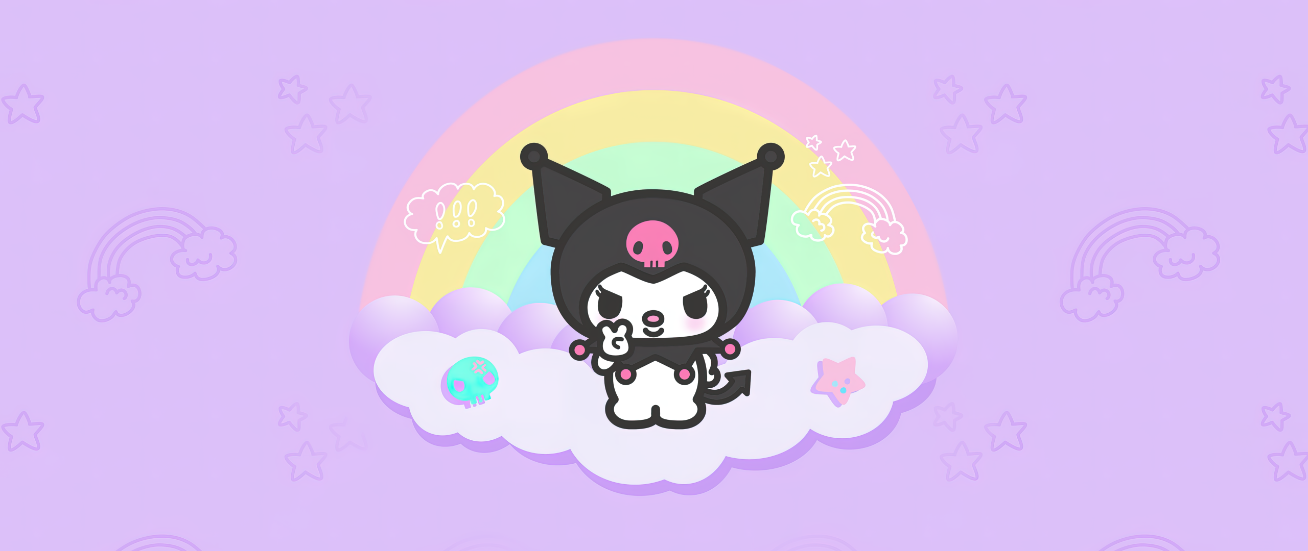 Kuromi on a Cloud with Rainbow in Pastel Purple Background