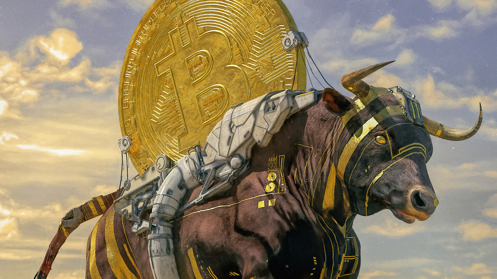 A futuristic, cyborg bull carrying a giant Bitcoin coin on its back, symbolizing the bullish trend in cryptocurrency