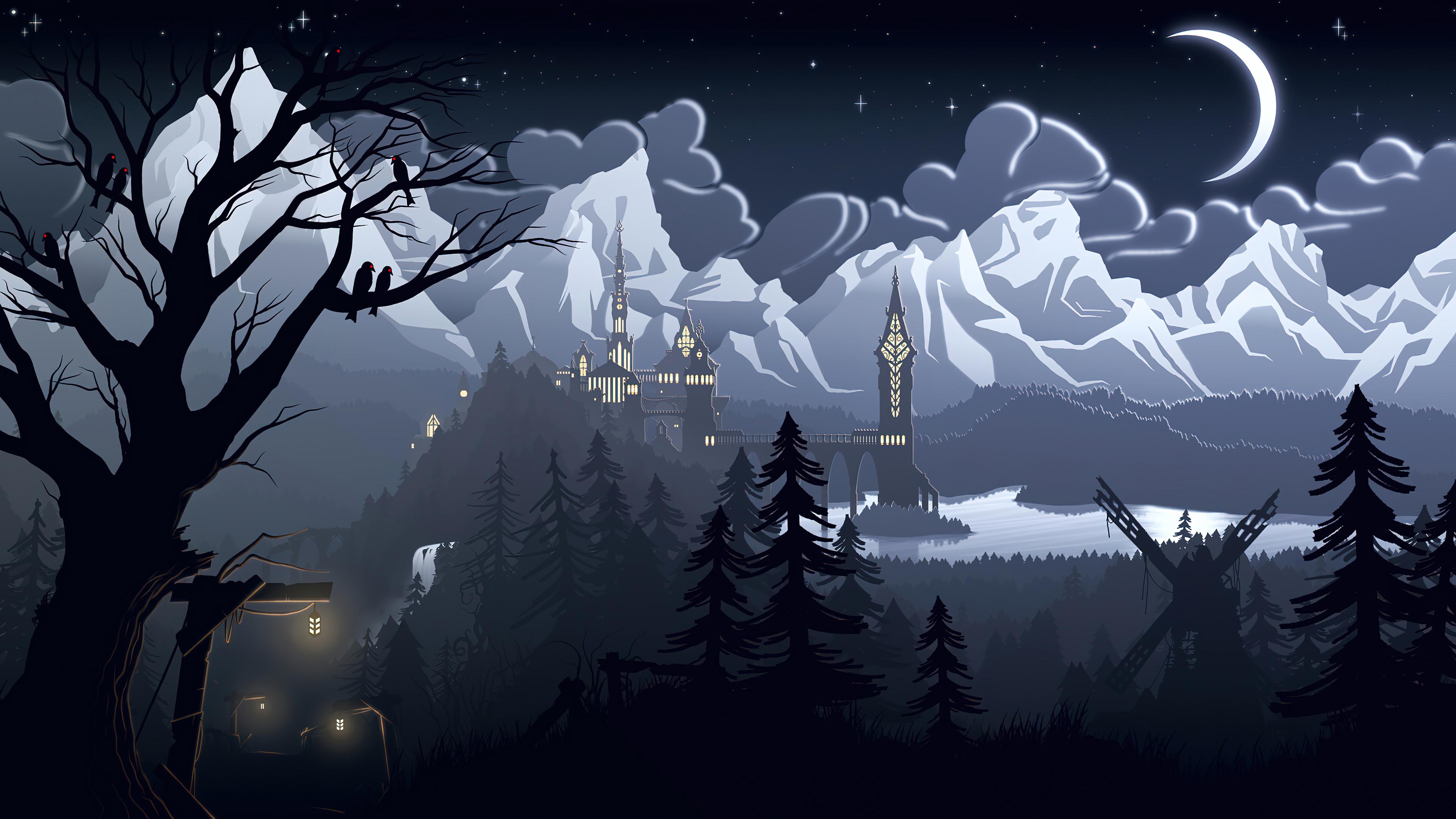 Minimalist Castle Forest Silhouette Night Sky 4k Wallpaper iPhone