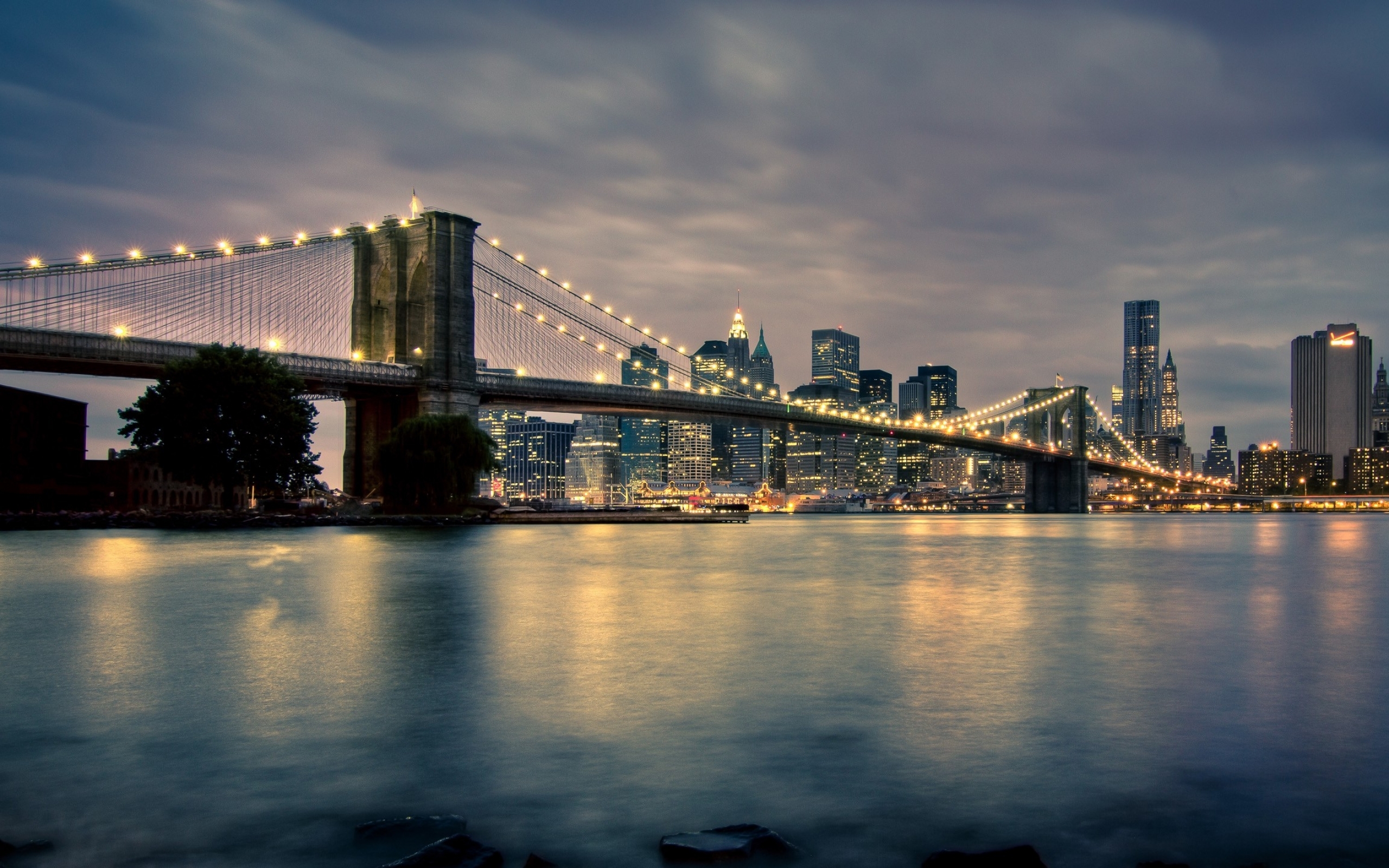 Brooklyn Bridge New York City Manhattan Lights HDr Phot Wallpaper